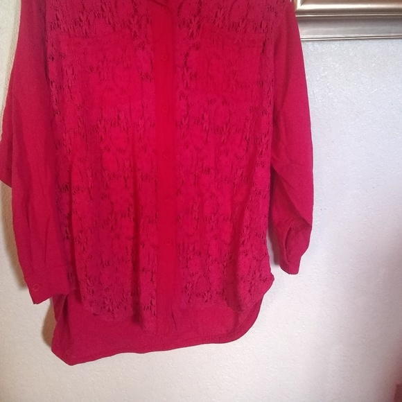 EUC Color Me Cotton Pink Floral Lace Button Up Long Sleeve Blouse size Medium - Picture 2 of 5